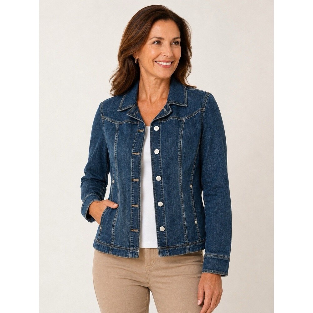 Coldwater Creek Denim Jacket Womens Size 16 Blue Stretch Snap Front Western